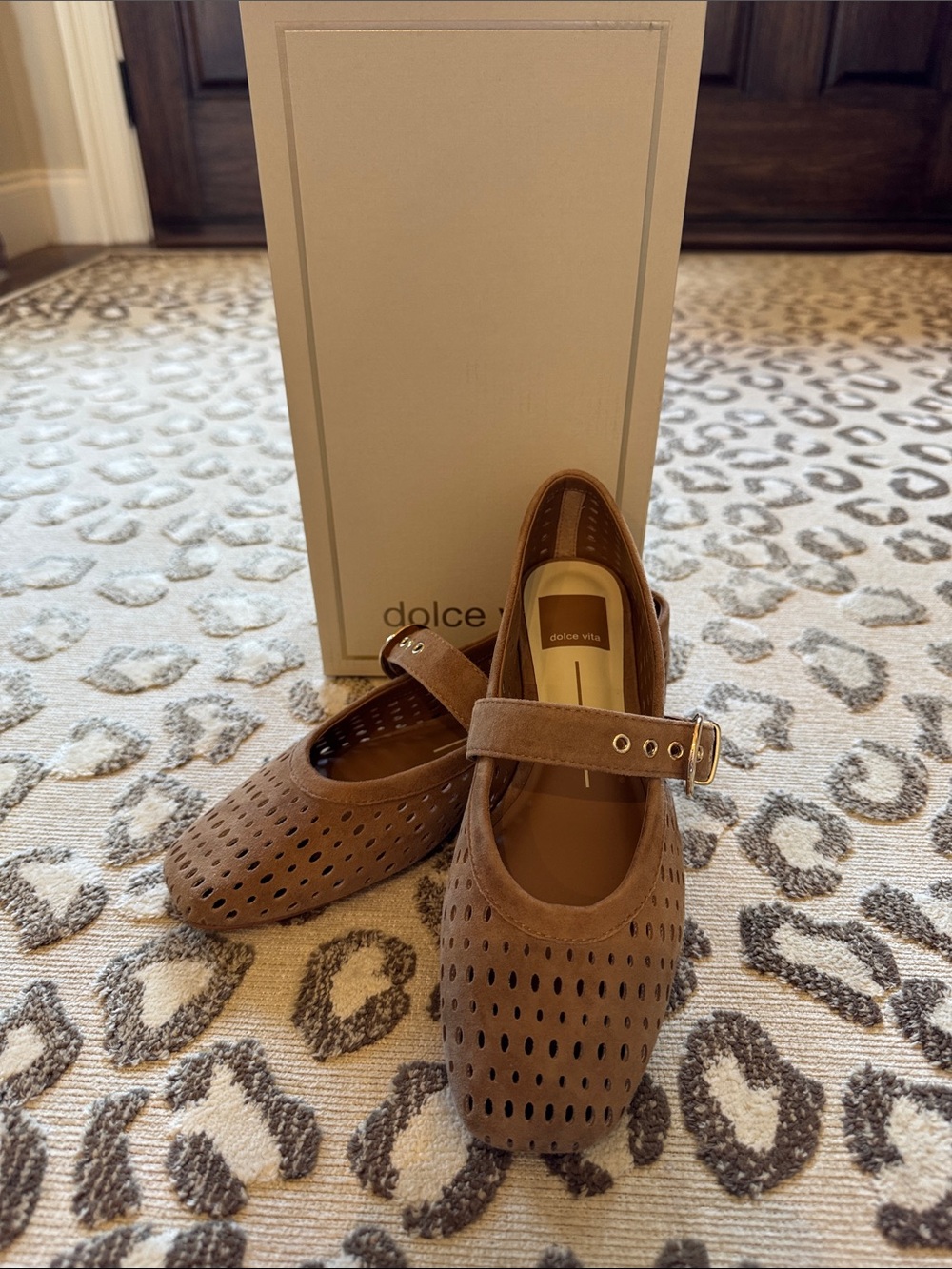 Dolce Vita Mikel Light Brown Perforated Mary Jane Flats with Gold Buckle